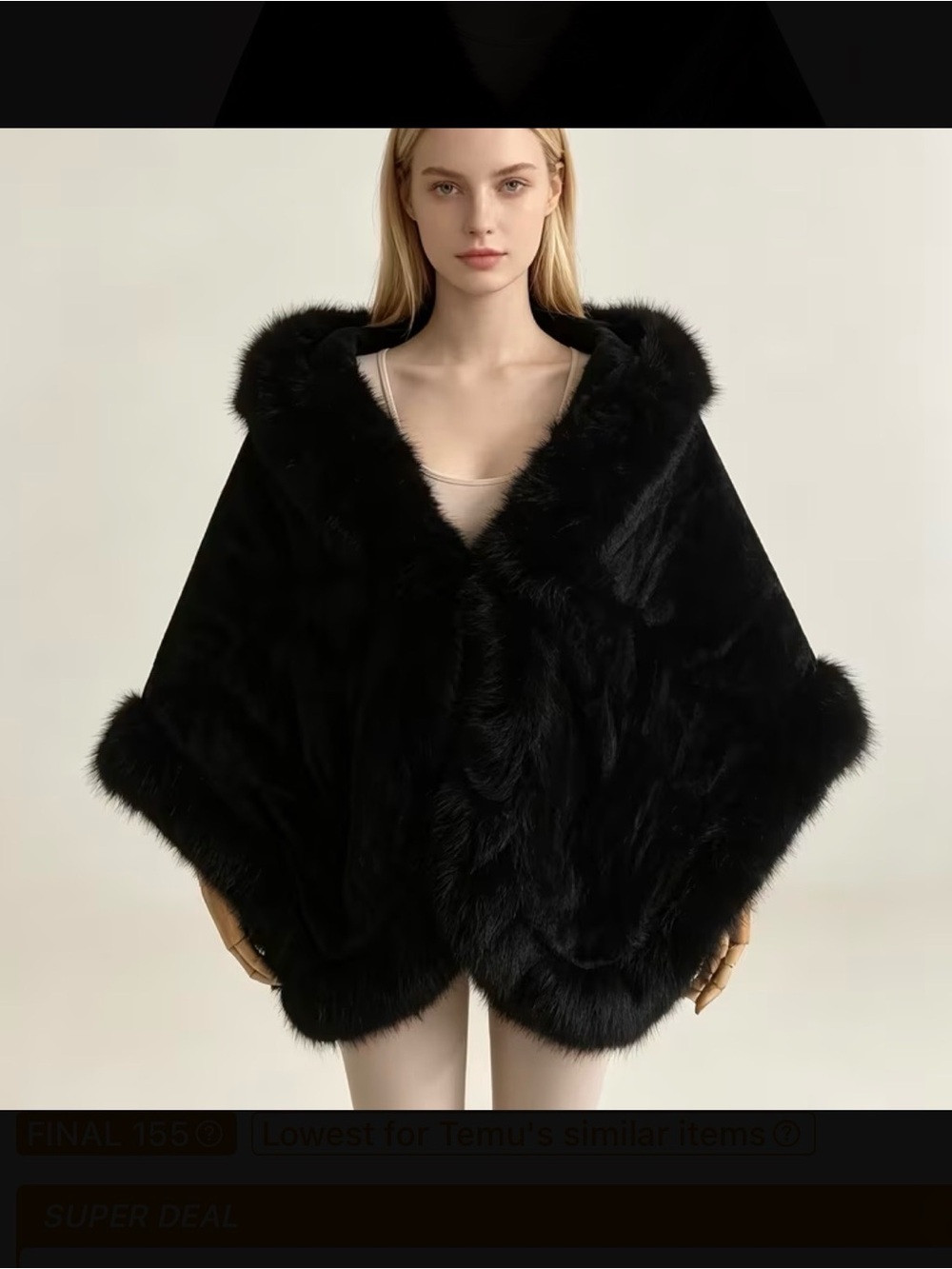 Black Faux Fur Trim Cape Shawl One Size New
